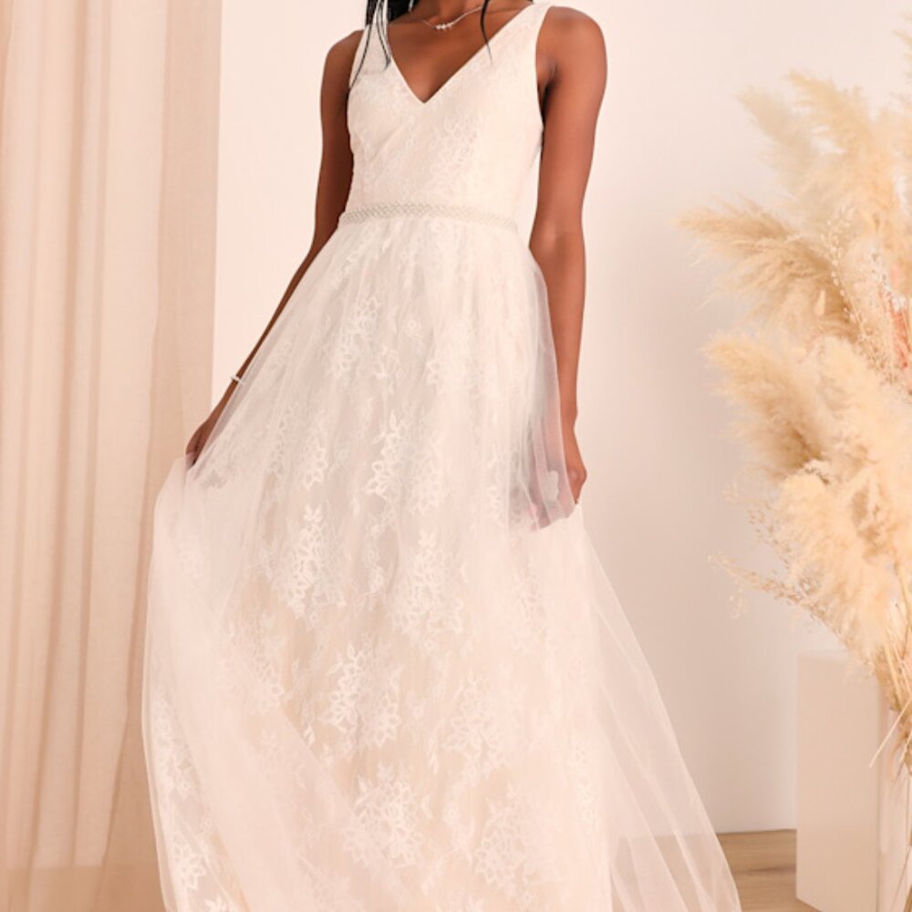 Lulus Sweet Love Ivory Lace Beaded Maxi Dress White - Size M - Picture 1 of 1